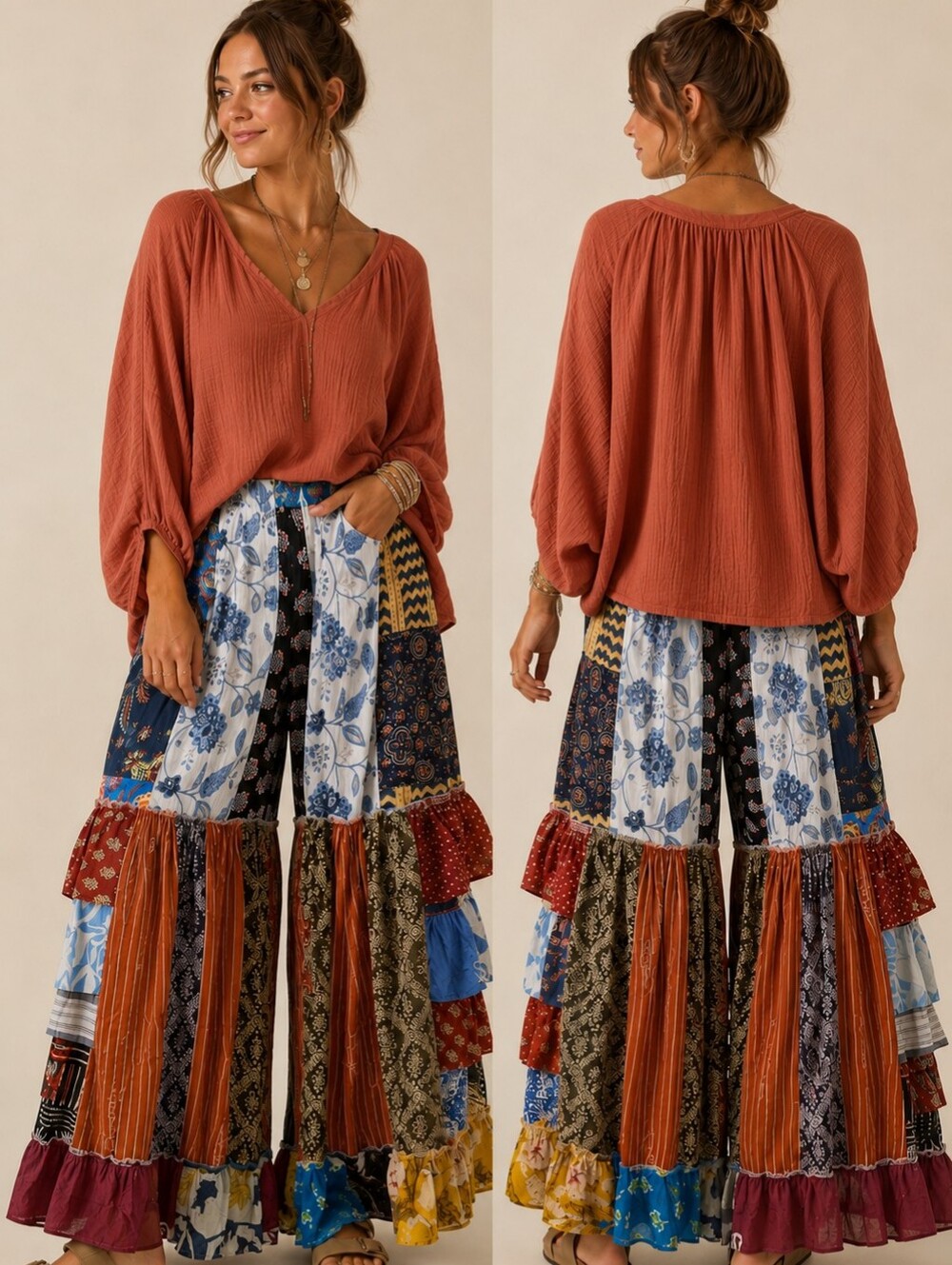 Ashley Taylor Boho Patchwork Wide-Leg Pants. NWOT